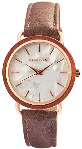 Excellanc Damen – Uhr Lederimitations Armbanduhr Holz-Ring Analog Quarz 1900244 (Braun/Roségoldfarbig)