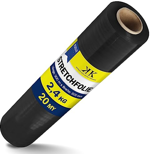 KK Verpackungen® Stretchfolie 500 mm x 300 m | 48 Rollen, 20my - Echte 2,4 kg Wickelfolie für Umzug in Schwarz | Reißfeste Verpackungsfolie für Möbel