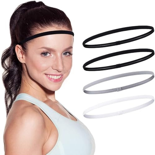 Voarge Lot de 4 bandeaux de sport élastiques antidérapants épais pour femme et homme Noir Gris Blanc