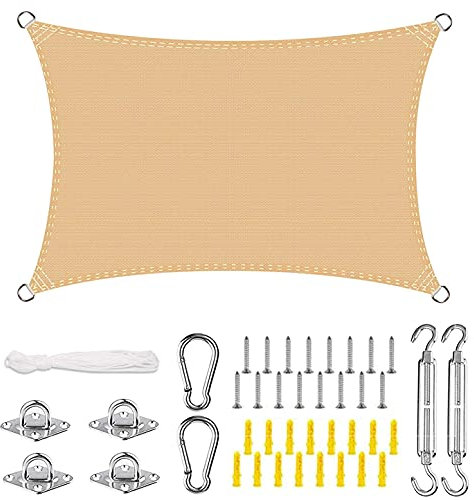 ERPENG Sonnensegel 3.5x6m 95% UV Schutz wetterfest Balkonverkleidung mit Seilen und Befestigungs Kit Hochwertigem Polyester für Balkon Garten Markise Zaun, Beige