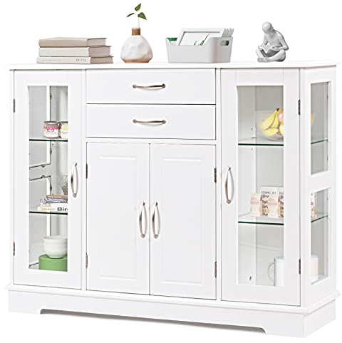 COSTWAY Sideboard Weiss, Küchenschrank Aufbewahrungsschrank mit gehärteten Glastüren und Schubladen, Beistellschrank aus Holz, Buffetschrank für Esszimmer, Küche, 107 x 30 x 82 cm (Weiß)