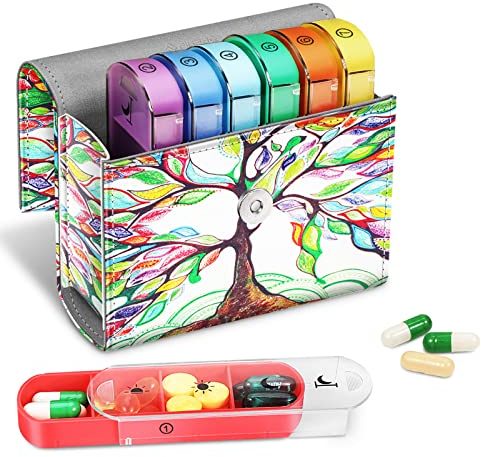 FINPAC Tablettenbox 7 Tage 4 Fächer - Pillendose 4 mal am Tag mit Kunstleder Tasche und Namenskarte Medikamentenbox für Pillen Vitamin Fischöl für Morgens Mittags Abends Nachts, Liebesbaum