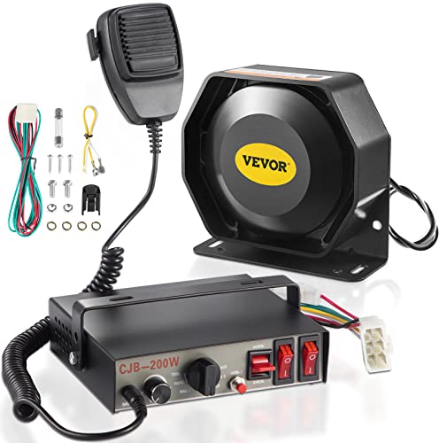 VEVOR Auto Warnalarm Lautsprecher 200 W 12 V, Auto Sirene Alarm Hupen 9 Töne Universal Polizei, Feuersiene, Hupe, Lautsprecher, Warnhorn aus Kunststoff, Alarm Lautsprecher mit Handmikrofon