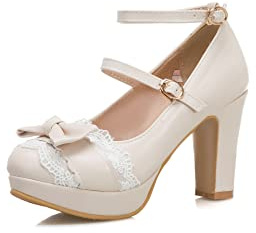 Ulalaza Mary Jane-Schuhe mit hohem Absatz für Damen, süße Party, Festliche Spitze, Schleife, Perle, Erdbeere, niedliche Abendschuhe