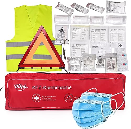Hilph 3 in1 Sicherheit & Erste Hilfe Set Auto, Verbandskasten Auto 2024 Tüv Geprüft, Warndreieck KFZ Verbandkasten Tasche Kombitasche mit Warndreieck und Warnweste nach DIN 13164