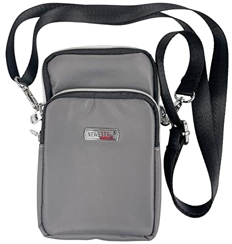 kleine Damen & Herren Handy Umhängetasche von New Berry/Schulter-Trageband, Gürtelschlaufe und Karabiner (grau)