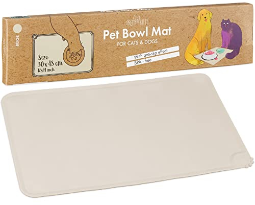 Napfunterlage für Katzen und Hunde in beige – lebensmittelechtes Silikon – rutschfeste Unterlage für Futternapf Hund und Katzen Futternapf – 30x48cm – wasserdichte Napf Matte von PRETTY KITTY