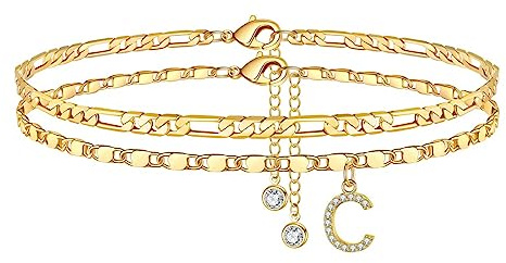 TINGN Fußkettchen für Damen, 14K Vergoldet/Silebr CZ Buchstabe Fussketten für Frauen Fußkettchen Verstellbar Doppelte Fußketten Stabil Figarokette Fußkette Frau Mädchen Tochter Freundin Geschenk