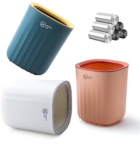 QLFJ-FurDec 3 Stücke Mini Mülleimer, Tischmülleimer Klein mit 4 Rollen Müllsäcke, Kompaktes Design Mini Kosmetikeimer 13.7 * 12.7 * 15cm, Bunte Tischabfalleimer für den Waschtisch, schreibtisch