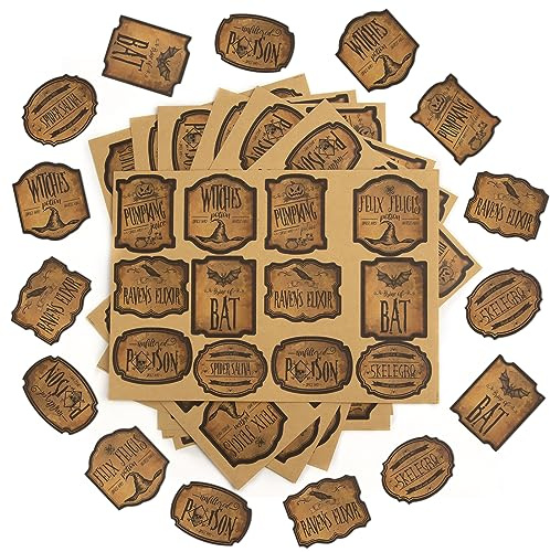 84pcs Halloween Bottle Labels Decoration, Halloween Wine Bottle Labels for Halloween Decoration, Vintage Halloween Bottle Stickers for Plastic/Glass Bottles