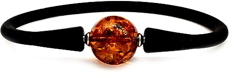 Armband Kautschuk/Silikon mit Bernstein Kugel D-14mm, Gr. 18-20, Silikonarmband Damen und Herren, echter baltischer Bernstein in Farbe Cognac; nicht hitzgepresst, nicht synthetisiert