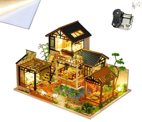 Cjeuxnr Wooden Modern Villa Model Greenhouse Building Room Kit,DIY Mini Dollhouse Model Kits for Adults, Crafts for Adults Teen Gifts on Birthday Christmas 1:24 Scale