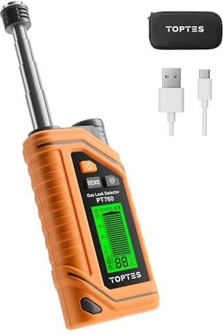 TopTes PT760 Detector de Gas Natural Recargable, Detector de Fugas con Sonda Extensible de 30cm, Sensor%LEL para Propano, Metano, Butano y Gases Combustibles en el Hogar o RV con Linterna - Naranja