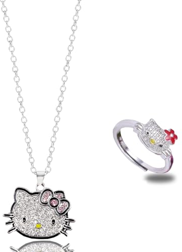 WKxinxuan Mädchen Kette Mädchen Ring, 2pcs Mädchen Katze Schmuck Set Exquisites Silber Mädchen Halskette Damen Kawaii Schmuck Mädchen, für Kinder Mädchen Necklace Geschenk Mädchen