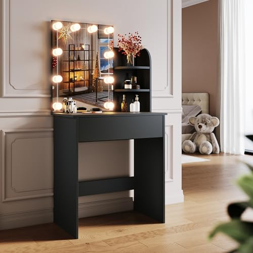 SONNI Schminktisch mit LED-Beleuchtung und HD Spiegel, mit 10 Einstellbarer Helligkeit, 3 Farben, Schminktische mit Schubladen für Schlafzimmer, 3 offenen Fächern, Schwarz, 70x40x140cm