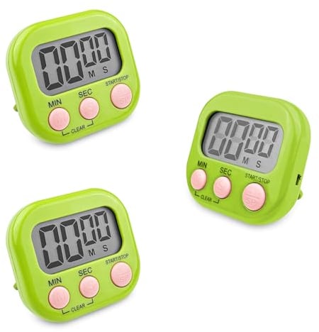 Fousenuk 3 Stück Eieruhr Grün, Timer Digital, Küchentimer Küche, Kurzzeitwecker Magnetisch, Stoppuhr mit Einklappbarer Ständer, Timer mit Großem LCD-Display für Kochen Backen Sport Studieren