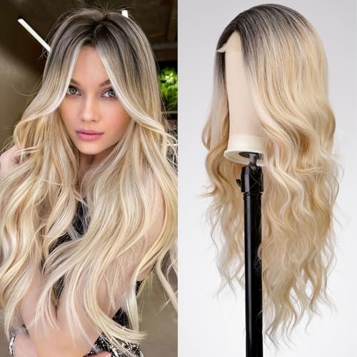 EMMOR lange gemischt blonde und blondierte wellige Perücke für Frauen, Lace-Front-Perücken mit natürlichem Aussehen, 26 Zoll Mittelscheitel lockige Perücke.