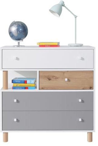 Lomadox Jugendzimmer Kommode Sideboard in weiß mit Eiche und grau