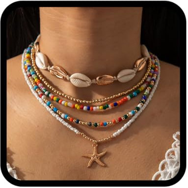Fashband Collana bohémien conchiglia di mare collana di perle colorate a strati collana di stelle marine gioielli per le donne in metallo, Metallo