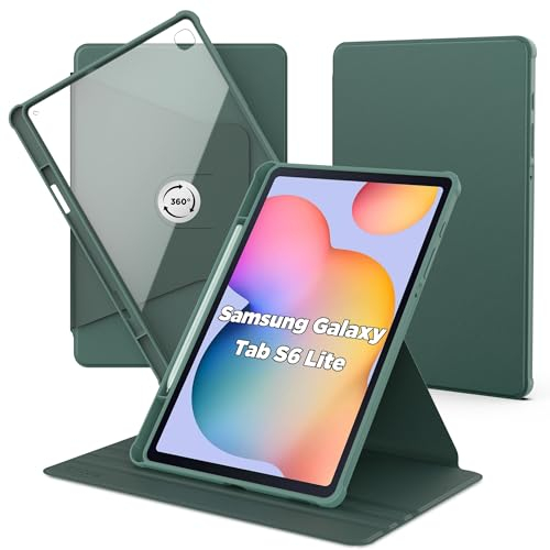 CACOE Rotierende Hülle für Samsung Galaxy Tab S6 Lite 2024 2022 2020 10.4 Zoll mit Stifthalter, 360 Grad Drehbare Schutzhülle Acryl, Transparente Rückseite Stoßfest Grenze (Nachtgrün)