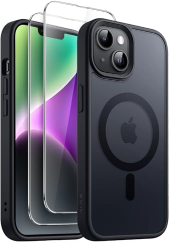 JETech 3 en 1 Coque Magnétique pour iPhone 14 6,1 Pouces avec Lot de 2 Films de Protection D'écran en Verre Trempé, Compatible avec MagSafe, Étui Housse Mat Translucide (Noir)