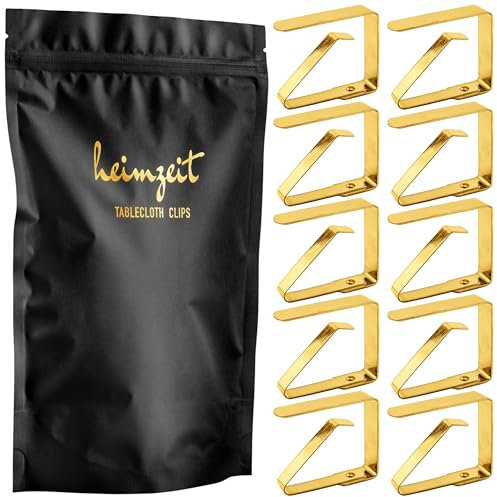 heimzeit Tischdeckenklammern aus hochwertigem Edelstahl [10 Stück, 4 cm] Farbe: Gold, Tischtuchhalter für draußen und drinnen,Tischtuchklammern für Tische mit max. Plattenstärke von 3 cm