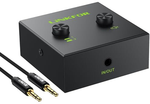 LiNKFOR Conmutador de Audio Estéreo 3.5mm,Mini Conmutador de Audio Bidireccional 2(1)-In-1(2)-out con 3.5mm Cable,Switch de Audio para PC,Auriculares, Altavoces