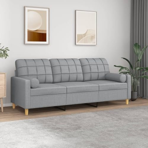 Willood 3-Sitzer-Sofa mit Zierkissen Hellgrau 180 cm Stoff Sofa mit Armlehnen und weichen Kissen, geeignet für Wohnzimmer, Holzbeinen