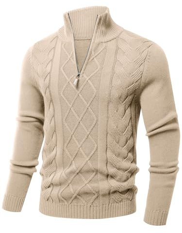 Les umes Mens Quarter Zip Sweater Cotton Mock Neck Pullover Sweaters Warm Long Sleeve Cable Knitted Jumper Khaki M