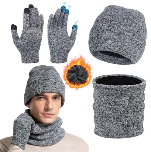 Minicoco Lot de 3 bonnets, écharpes et gants pour écran tactile avec doublure en polaire thermique, bonnet d'hiver 3 en 1, gants pour écran tactile, cache-cou, gris, Cap length:20cm*21cm Gloves