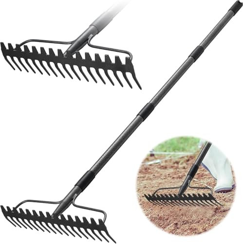 Bow Rake, Metal Rake with 17 Tines, Heavy Duty Garden Rake 6 FT with Stainless Steel Handle, Grey