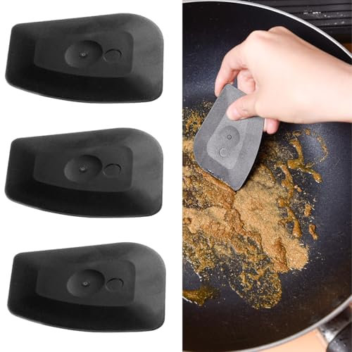 3 Pack Plastic Kitchen Scrapers - Pan & Cast Iron Skillet Cleaner Tool Set for Pot & Pan Scrubbing (Black)