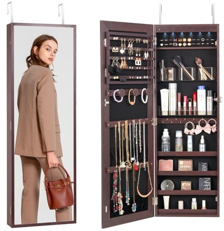 VEVOR abschließbarer Schmuckschrank Schmuckspiegelschrank 108cm Hohe, Aufbewahrung von Juwelen mit Ganzkörperspiegel, Wandmontage Schmuckspiegel-Organizer mit LED-Innenbeleuchtung & Samtfutter, braun
