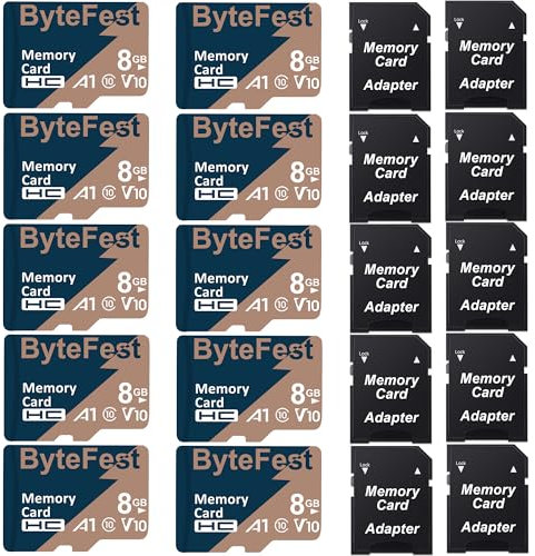 ByteFest 10 Pack 8GB microSD-Karte mit SD-Adapter, Schnelle MicroSDHC Speicherkarte C10 V10 A1 HD Video für Handy MP3 Player Dashcam Kamera