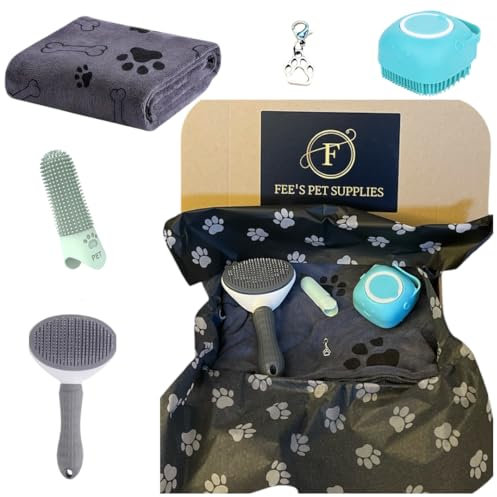 Pet Shower & Bath Set: Easy-Clean Pet Hair Remover Brush, Microfibre Towel, Silicone dog Shampoo Brush, Finger Toothbrush+Bonus Vintage Paw Charm | Perfect Dog Christmas Presents (Grey)