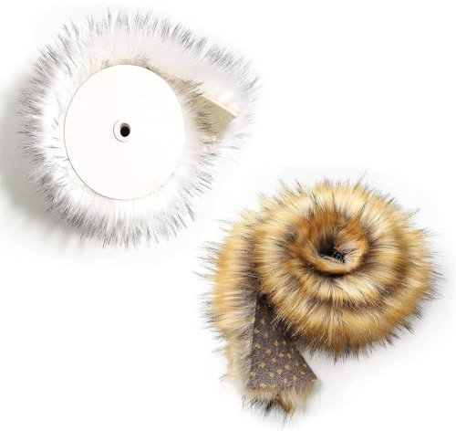 2 Stück Kunstpelz Band,7x100cm Kunstpelzband Brauner Fuchspelz Flauschig Kunstfell Bordüre,Fellband Weihnachtsbaum Girlande für Kostüme Basteln Mäntel Pantoffel Kragen,Khaki,Weiß