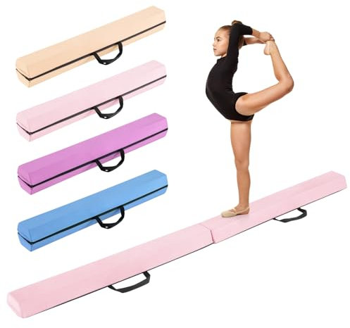 COSTWAY Trave Ginnastica per Bambini per Casa 210 cm, Trave di Equilibrio Pieghevole e Portatile con Manici, Copertura in Suede Rimovibile e Fondo Antiscivolo (Rosa)