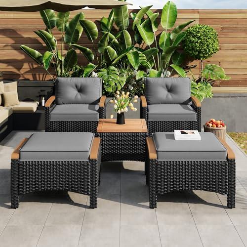 Merax Gartenmöbel Set(5-teilig), Outdoor Balkonmöbel mit Couchtisch, Rattan-Terrassenmöbel mit Kissen für Balkon, Terrasse, Garten, Grau und Schwarz
