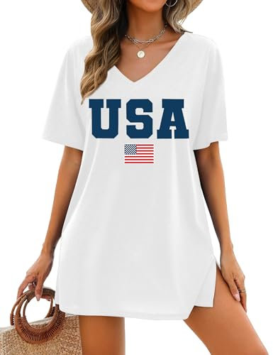 PECHAR 4. Juli Shirts für Damen, amerikanische Flagge, Patriotische USA-Flagge, T-Shirts, V-Ausschnitt, Strand-Badeanzug, Vertuschung, U-weiß, Klein