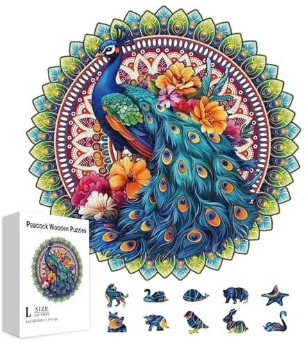 GLOBLELAND Holzpuzzle Erwachsene 200 Teile Holzpuzzles Mandala Pfau Wooden Puzzle Unregelmäßige Einzigartige Puzzle für Erwachsene Kreatives Weihnachten 11.22x11.22 Zoll