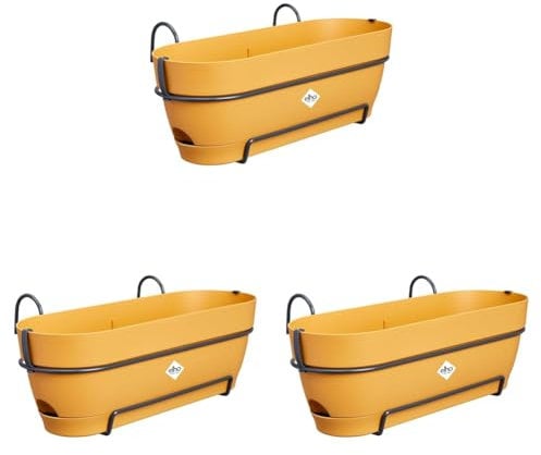 elho Vibia Campana Balkonkasten Allin1 50 mit Wasserreservoir - Blumentopf Balkongeländer - 100% recyceltem Plastik - Ø 50.4 x H 17.7 cm - Gelb/Honig Gelb (Packung mit 3)