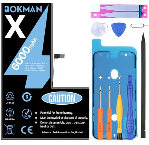 bokman Battery for iPhone X 6000mAh, High Capacity Lithium Polymer Battery Replacement with All Tool Kits and Adhesive Strips