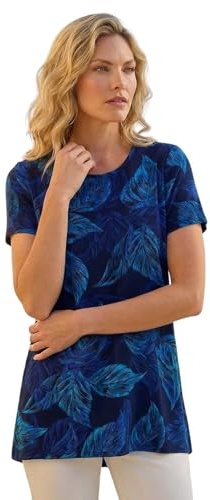 Roman Originals Hanky Hem Tunic Top for Women UK - Ladies Longline Blouse Asymmetric Hemline Short Sleeves Casual Slouch Loose Summer Spring Relaxed Comfortable - Navy Noir Leaf - Size 10