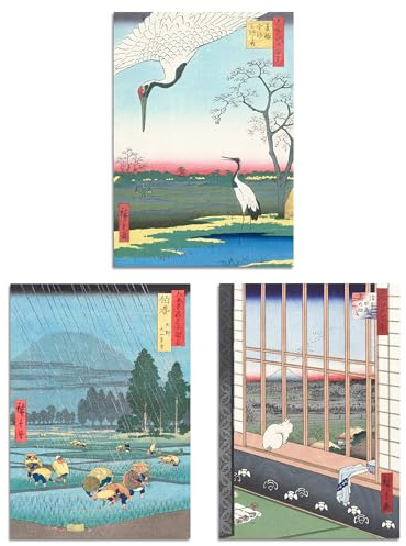 Artery8 Set of 3 Hiroshige Ricefields Green Blue Japanese Wall Art Prints A4 Size Living Room Decor