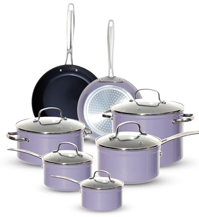 Nuwave Healthy G11-Pots and Pans Set Non Stick, 9H Near-Diamond Hardness Scratch-Resistant, Works on All Stovetops, PFAS Free, with Frying Pans, Saucepans & Glass Lids, Stay-Cool Handles, Lilac