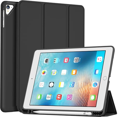 ProCase Slim Case for iPad 6th/5th/Air 2nd/Air 1st -Black | Soft TPU Cover Back with Pencil Holder, Auto Wake/sleep, Compatible with iPad 9.7 Inch 6th/5th Gen, Air 2nd/1st