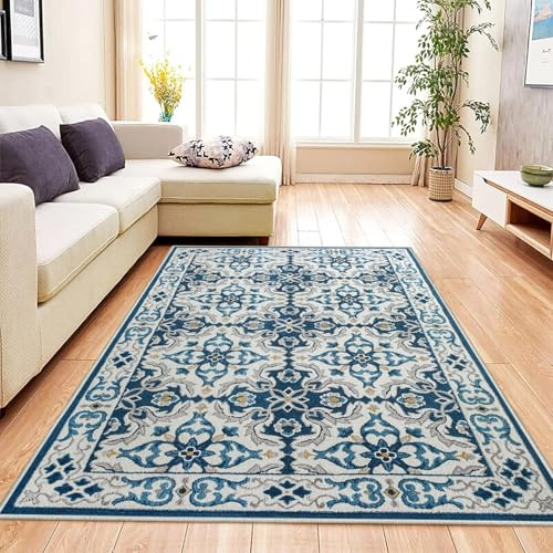 Aspire Homeware Rugs living room Bedside Rug 80 x 150 cm – Non-Shedding Floor Playing Mats for bedroom Lounge – Super Soft Traditional Pattern Printed Light Blue Rugs (Luna)