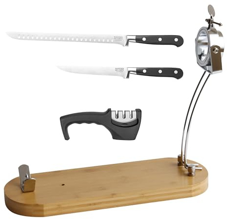Set Jamonero Profesional Premium - Soporte Jamonero de Bambú Giratorio + Cuchillo Jamonero 25 cm con Alvéolos + Cuchillo Deshuesador + Afilador 3 Ranuras | Maestros del Corte by Cuperinox
