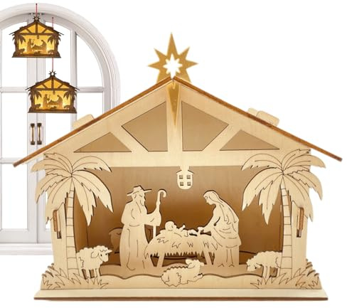 Générique Weihnachtskrippe – aus Holz mit Jesus-Lichtern und religiösem Thema, rustikale Weihnachtsdekoration, Krippe der Krippe, für die Dekoration des Hauses im Innen- und Außenbereich,