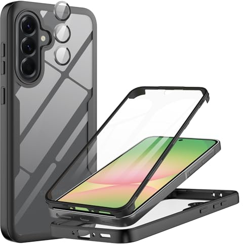 Funda para Samsung Galaxy A57 5G con Protector de Pantalla Integrado | 360 Grados Full Body Anti-Shock Carcasa, Protector Lente Cámara, Transparent PC, Silicona Bumper, Negro